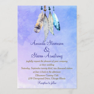 Invitation Plumes d'aquarelle sur mariage violet bleuté