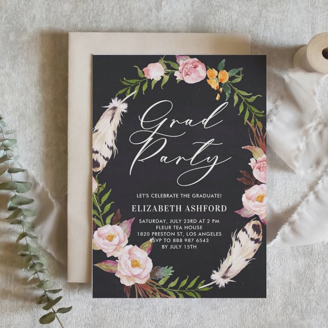 Invitation Plumes de Bohême et fête de graduation de la couro (Customizable boho graduation invitation featuring watercolor flowers and feathers wreath.)