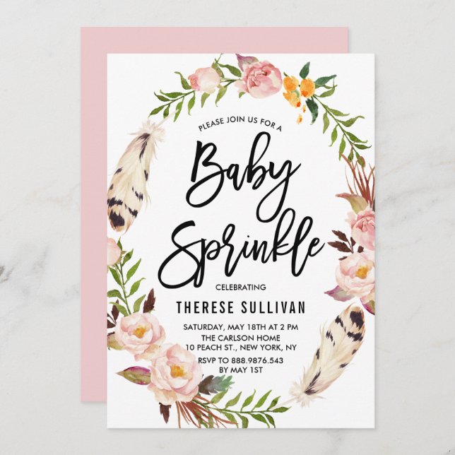 Invitation Plumes de Bohème Fleur Wreath rose Bébé Sprinkel (Devant / Derrière)