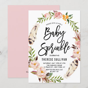 Invitation Plumes de Bohème Fleur Wreath rose Bébé Sprinkel