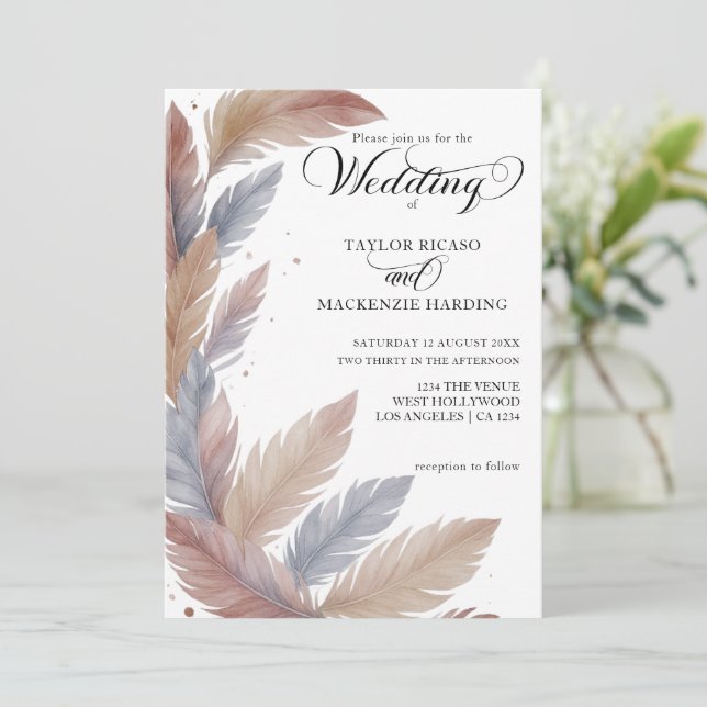 Invitation Plumes de Boho et élégant mariage photo script (Debout devant)
