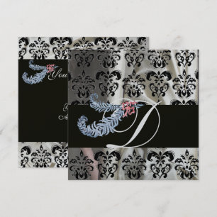 INVITATION PLUMES DE DIAMANT ARGENT NOIR DAMAS DE SOIE MONOGR