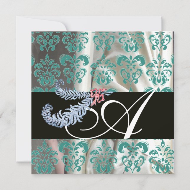 INVITATION PLUMES DE DIAMANT BLANC BLEU SOIE DAMAS MONOGRAMME (Devant)