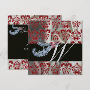 INVITATION PLUMES DE DIAMANT DAMASSÉ DE SOIE ROUGE ARGENTÉ MO