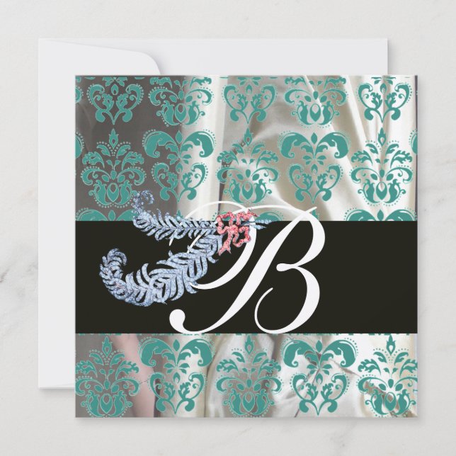 INVITATION PLUMES DE DIAMANT OR BLEU SOIE DAMASSE MONOGRAMME (Devant)