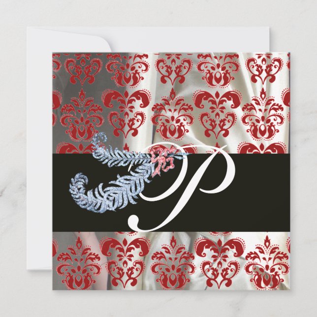 INVITATION PLUMES DE DIAMANT ROUGE BLANC DAMASSÉ MONOGRAMME (Devant)