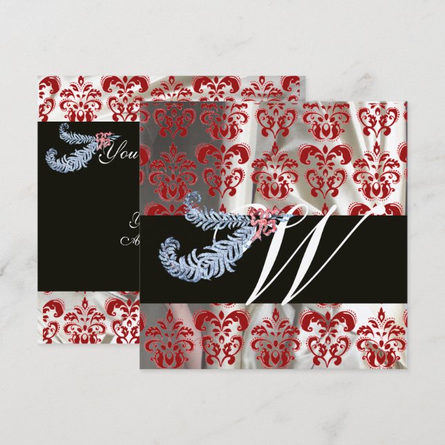 INVITATION PLUMES DE DIAMANT SOIE DAMASSÉE ROUGE ARGENTÉ MONO (Devant / Derrière)