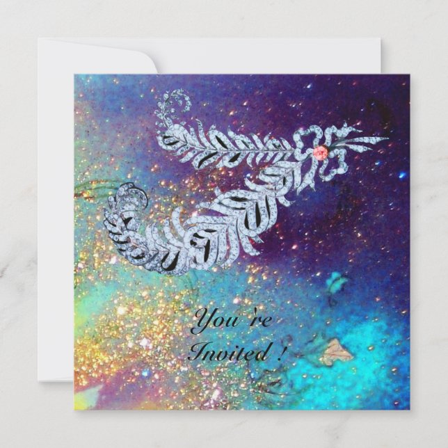 Invitation PLUMES DE DIAMANT , turquoise bleu paillettes d'or (Devant)