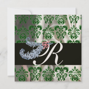 INVITATION PLUMES DE DIAMANT VERT OR SOIE DAMASSÉE MONOGRAMME