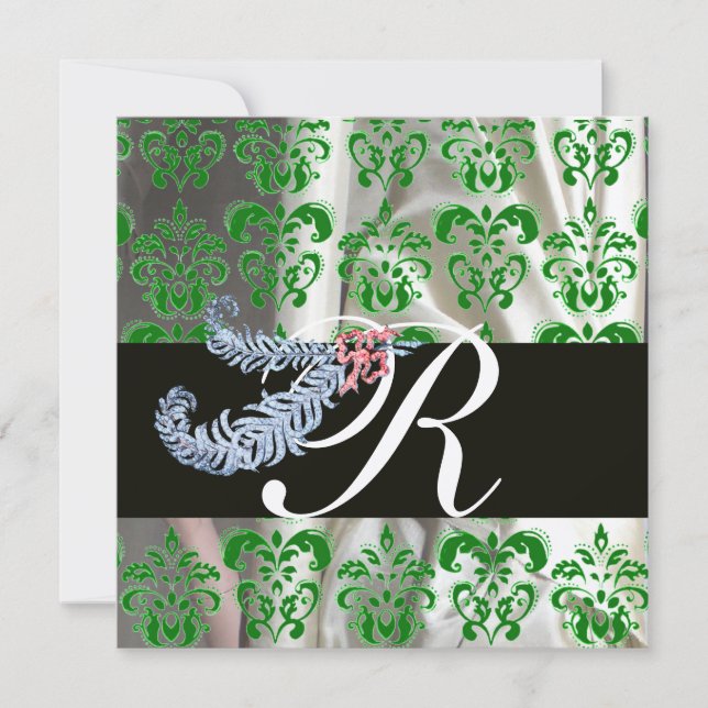 INVITATION PLUMES DE DIAMANT VERT OR SOIE DAMASSÉE MONOGRAMME (Devant)