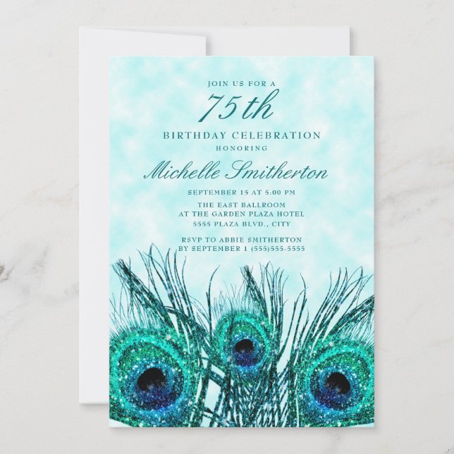 Invitation Plumes de paon bleu sarcelle scintillantes 75e ann (Devant)