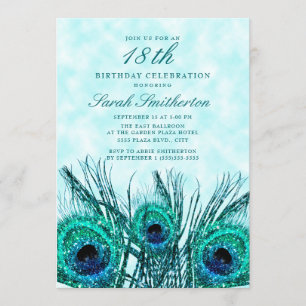Invitation Plumes de paon bleues sarcelles scintillantes 18èm