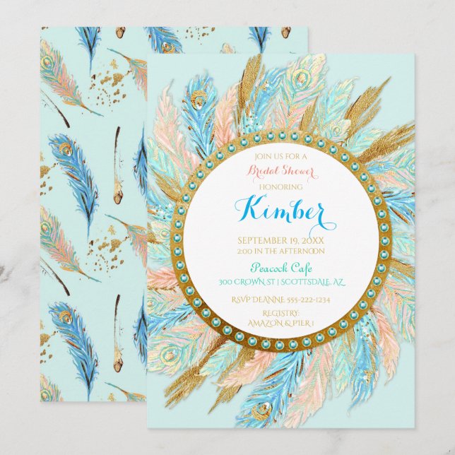 Invitation Plumes de paon Boho Menthe Abricot Or Turquoise (Devant / Derrière)