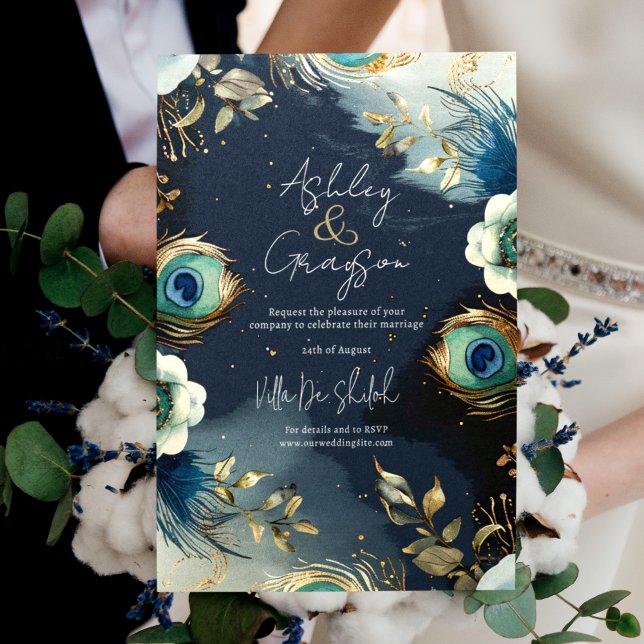 Invitation Plumes de Paon Céleste Élégant Mariage (Créateur téléchargé)