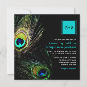 Invitation Plumes de Paon Colorées Photo Mariage Bohème Chic