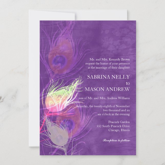Invitation Plumes de paon Mariage violet (Devant)