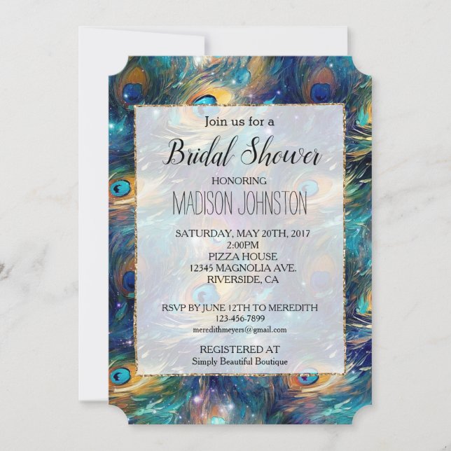 Invitation Plumes de paon Or Turquoise Aqua (Devant)