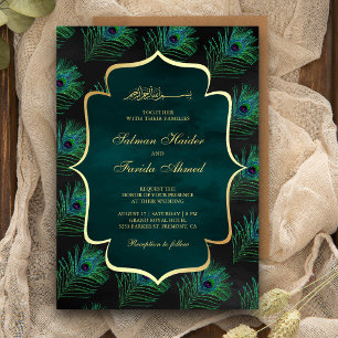 Invitation Plumes de paon sarcelle noir Mariage musulman