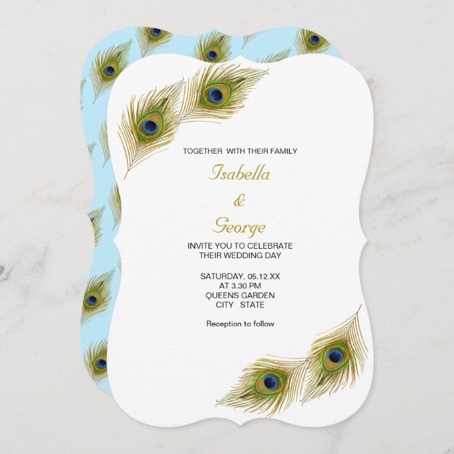 Invitation Plumes de paon sur Mariage bleu clair et blanc (Devant / Derrière)