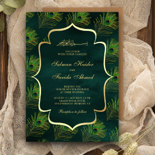 Invitation Plumes de paon vert émeraude Mariage musulman