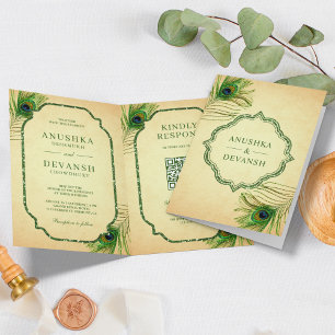 Invitation Plumes de paon vert QR Code Mariage indien