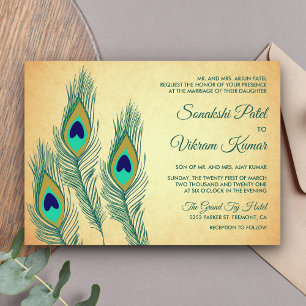 Invitation Plumes de paon vert vintage Mariage indien