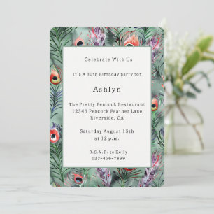 Invitation Plumes de paon vertes rouges Anniversaire