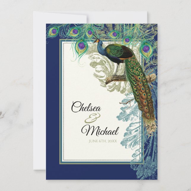 Invitation Plumes de paon vintage bleu marine - Mariage (Dos)