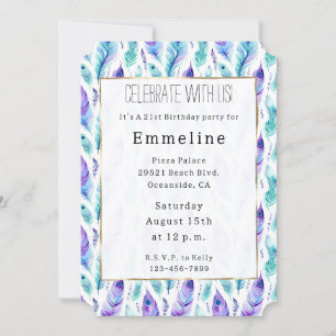 Invitation Plumes de paon violet turquoise