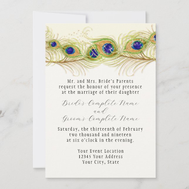 Invitation Plumes de Peacock de Swirl moderne Monogramme Mono (Devant)