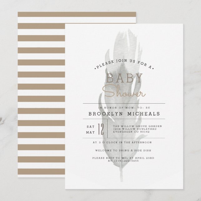 Invitation Plumes de saumons | Baby shower aquarelle (Devant / Derrière)