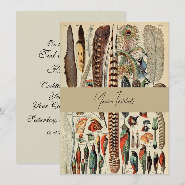 Invitation Plumes d'oiseaux sauvages Antique (Devant / Derrière)