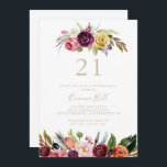 Invitation Plumes d'or Boho Floral 21e fête d'anniversaire<br><div class="desc">Cette invitation à la fête de 21e anniversaire en plumes d'or boho minimaliste floral est parfaite pour un événement moderne. Le design se compose de plumes sauvages brunes peintes à la main,  jaune sauce,  blanc,  violet,  rose,  rousse,  bordeaux et baies bleues soigneusement disposées en de beaux bouquets.</div>