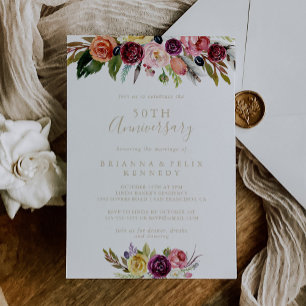 Invitation Plumes d'or Boho Floral 50e anniversaire Mariage