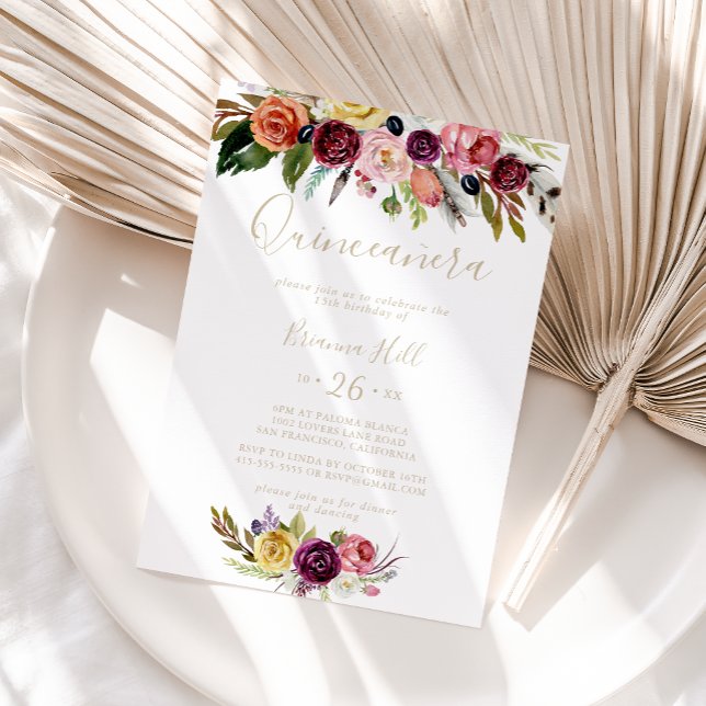 Invitation Plumes d'or Boho Tropical Floral Quinceañera (Créateur téléchargé)