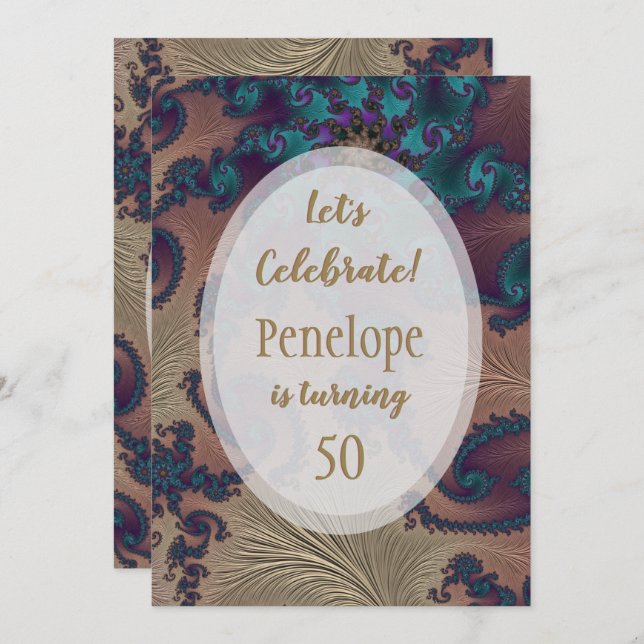 Invitation Plumes d'or turquoise et Rose Fractal 50e annivers (Devant / Derrière)