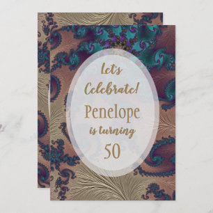 Invitation Plumes d'or turquoise et Rose Fractal 50e annivers