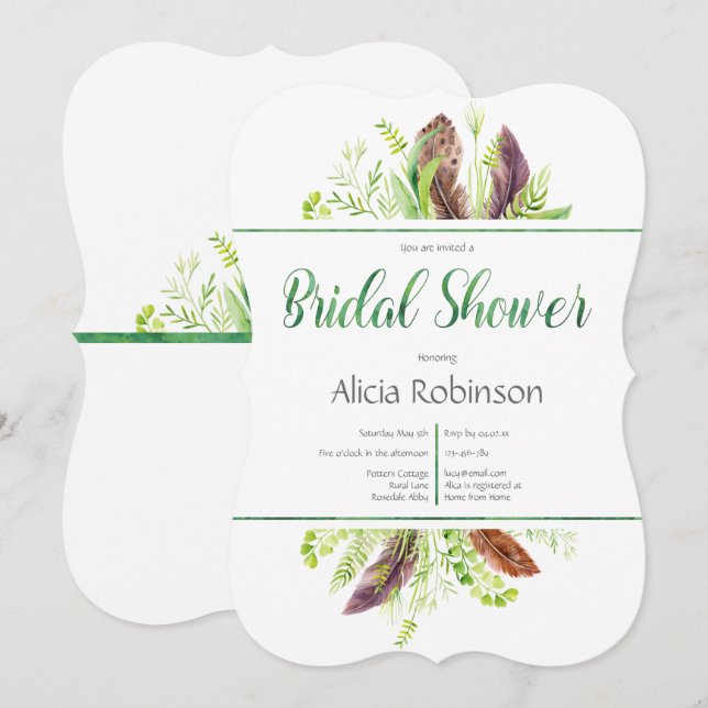 Invitation Plumes et feuillage Boho nuptiale douche Invitatio (Devant / Derrière)