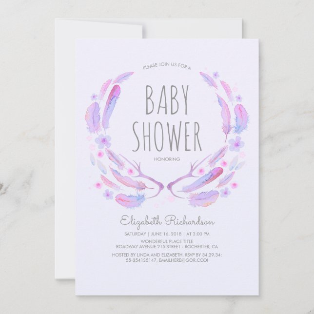 Invitation Plumes florales Antlers Baby shower Boho bois (Devant)