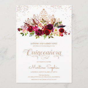 Invitation Plumes florales Boho & Rose Gold Tiara Quinceanera