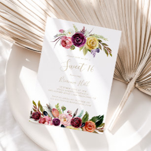 Invitation Plumes or Boho Floral Sweet 16 Anniversaire