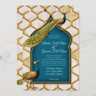 Invitation Plumes Peacock vintage Mariage or Arabesque