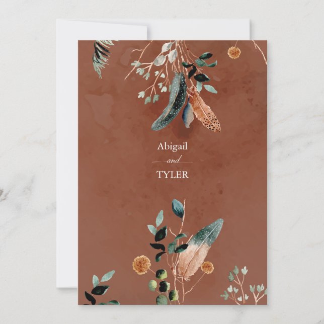 Invitation Plumes rustiques romantiques et fleurs Vintages (Devant)