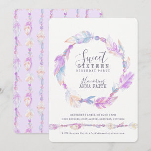 Invitation Plumes sweet sixteen d'aquarelle violet