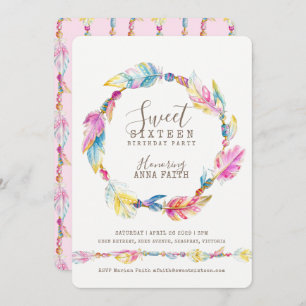 Invitation Plumes sweets sixteens d'aquarelle rose