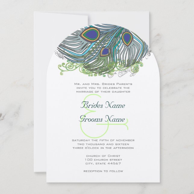 Invitation Plumes Vintage Paon Bleu (Devant)
