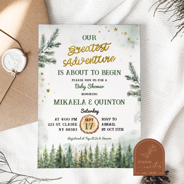 Invitation Plus grande aventure commence Baby shower forestie (Créateur téléchargé)
