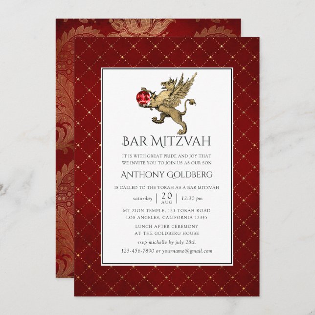 Invitation Plush Red et or Damask et Lattice Bar Mitzvah (Devant / Derrière)