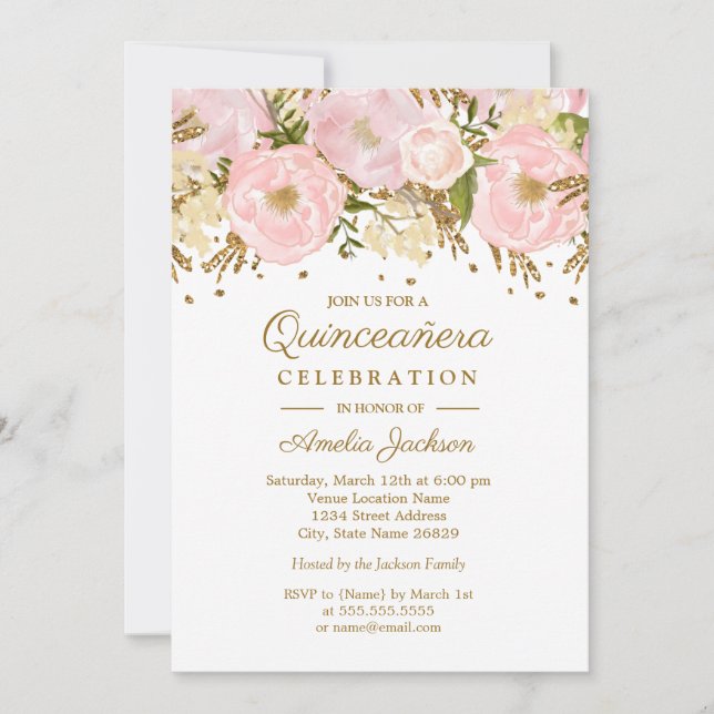 Invitation Plutôt Blush Rose Or Floral Quinceanera (Devant)