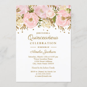 Invitation Plutôt Blush Rose Or Floral Quinceanera